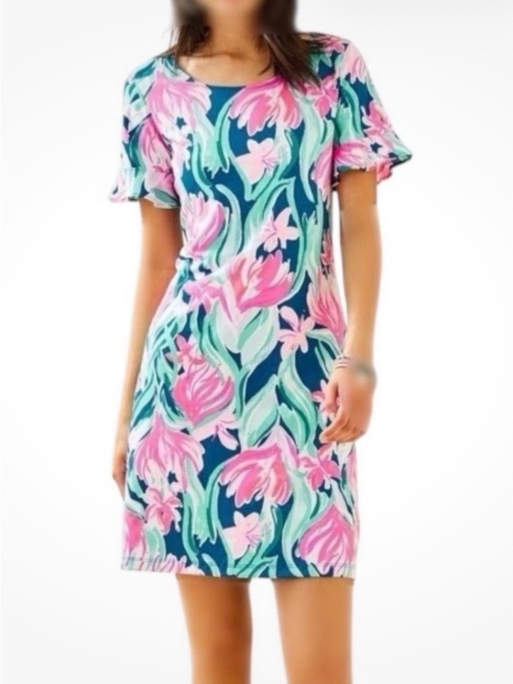 Lilly Pulitzer Mellorie Dress Pima Cotton Tropical Floral Blue Shift Dress M